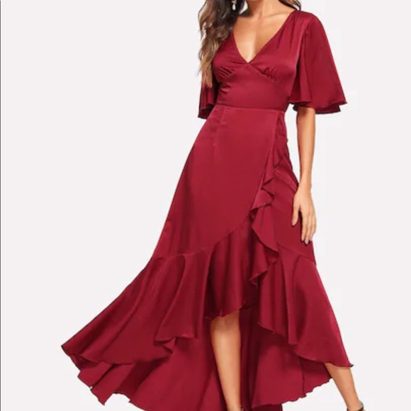 amourOC Dresses & Skirts - Formal Flutter Sleeve Ruffle Wrap Dress Red